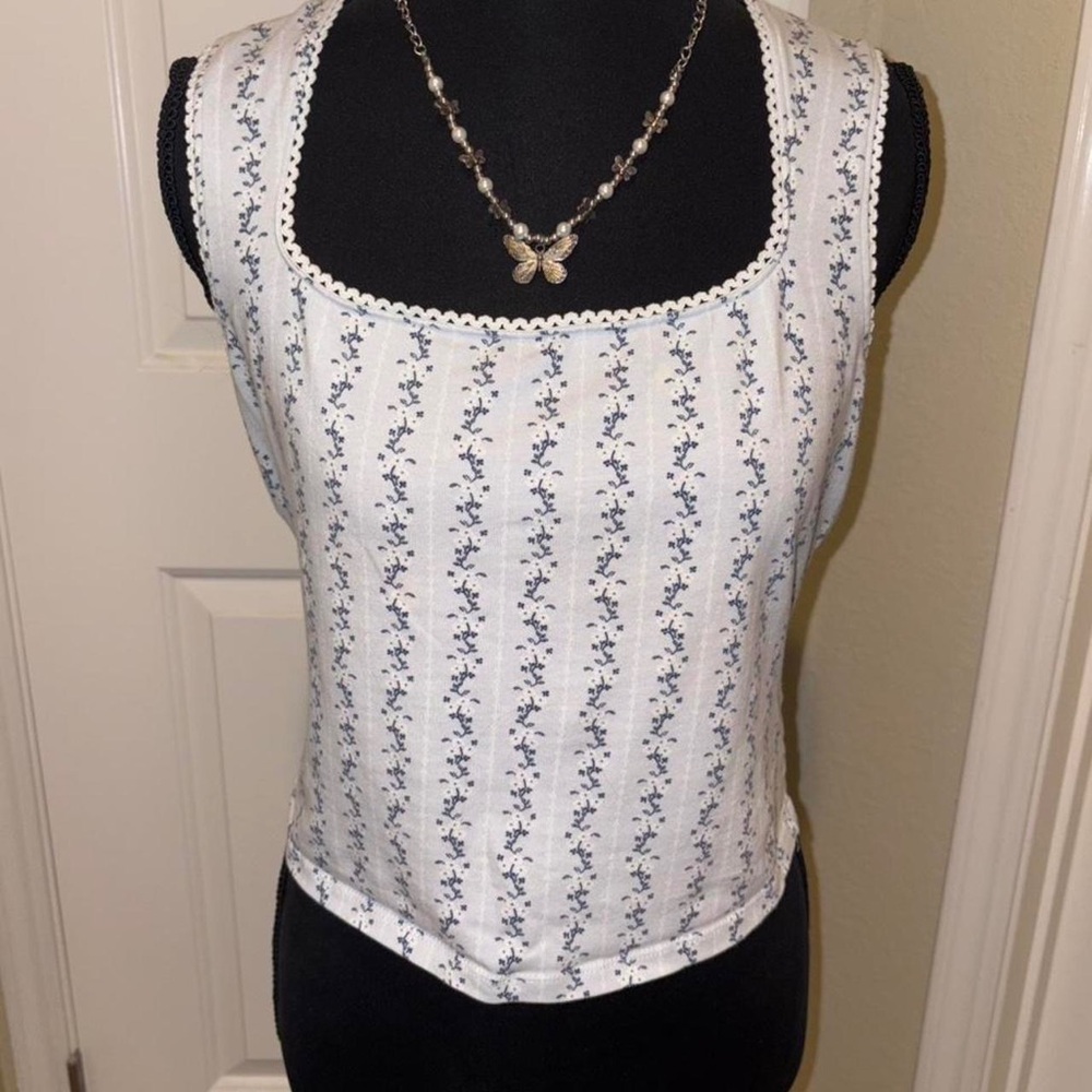H&M White Tank Top with Light Blue Floral Stripe